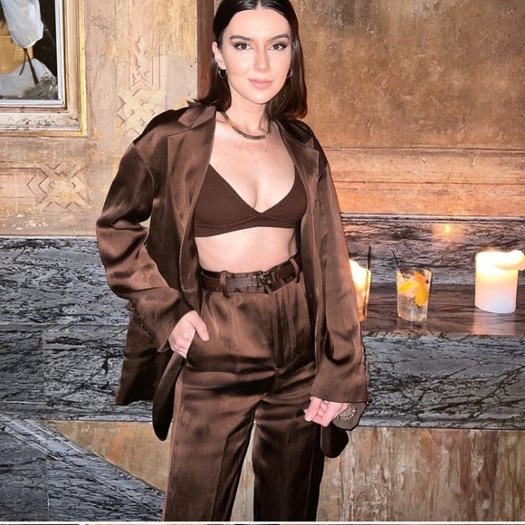 Zara * satin effect straight oversized flowy blazer brown - Picture 15 of 17